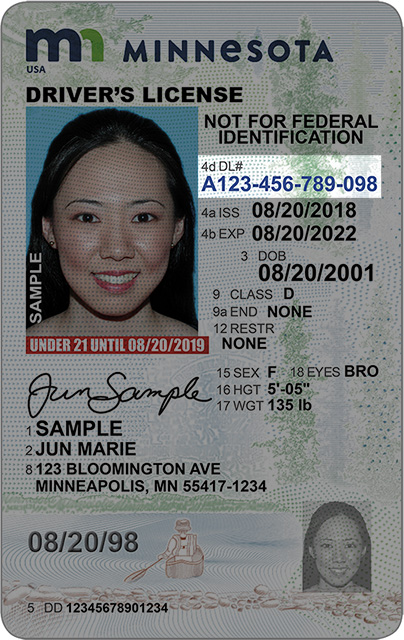 An example of a Minnesota driver's license issued to someone under 21 years old. Line 4d is highlighted.